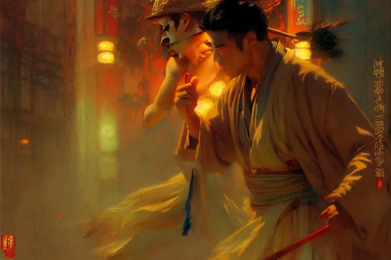 Image similar to wuxia, summer, attractive male, neon light, painting by gaston bussiere, craig mullins, j. c. leyendecker