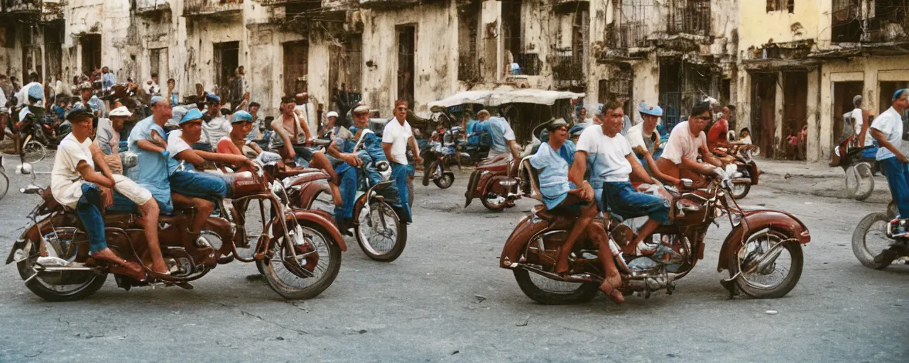 Image similar to a group of people in 1 9 5 0's cuba driving motorcycles made out of spaghetti, canon 5 0 mm, cinematic lighting, photography, retro, film, kodachrome