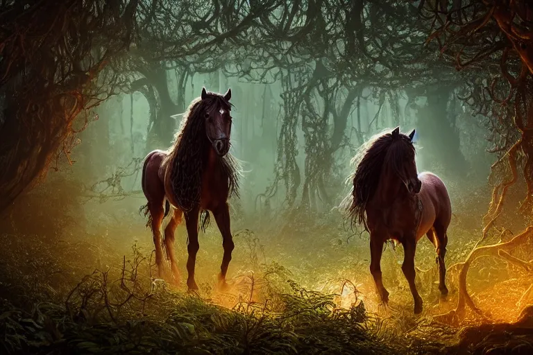 Image similar to a stunning horse with a thick mane of bioluminescent vines and flowers running through the woods by greg rutkowski, high key lighting, volumetric light, digital art, highly detailed, fine detail, intricate, ornate, complex, octane render, unreal engine, photorealistic