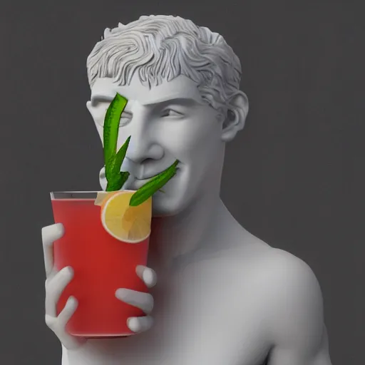 Image similar to a 3 d model of a white marble human head holding a coctail, colorful coctail, digital illustration, 3 d render, above the waist