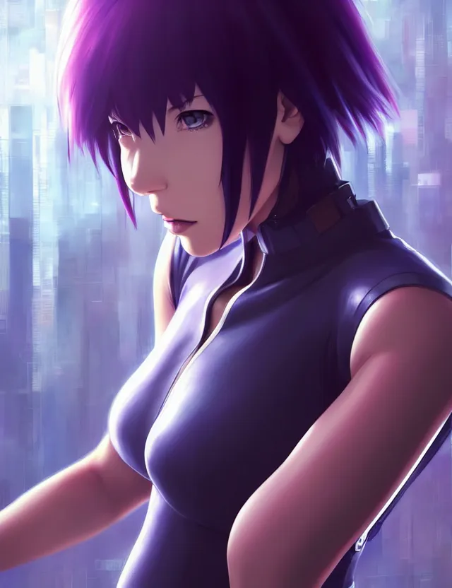 Image similar to a fullbody portrait of motoko kusanagi the major ghost in the shell : : stand alone complex, under repairs, maintenance : : by ilya kuvshinov, rossdraws, artgerm, sola digital arts, anti aliasing, raytracing : :