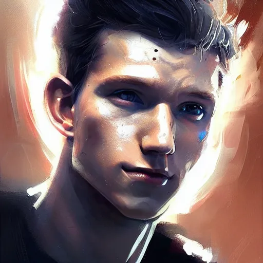 Prompt: portrait of tom holland as a man by greg rutkowski, he is about 3 0 years old, short blond hair, athletic and strong, straight jaw, looking puzzled, wearing futuristic space gear, highly detailed portrait, digital painting, artstation, concept art, smooth, sharp foccus ilustration, artstation hq.