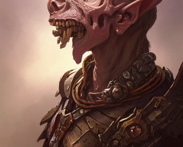 Image similar to a mind - blowing portrait of a goblin chieftain wearing a human skull, deep focus, d & d, fantasy, intricate, elegant, highly detailed, digital painting, artstation, concept art, matte, sharp, illustration, hearthstone, art by artgerm and greg rutkowski and alphonse mucha