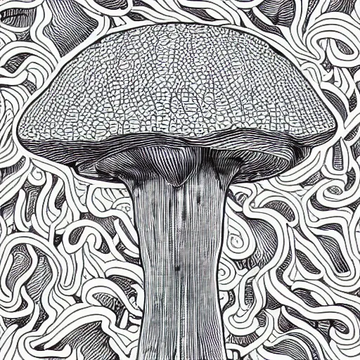 Image similar to Geometrically surreal Mushroom, extremely high detail, photorealistic, intricate line drawings, dotart, album art in the style of James Jean