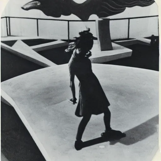 Prompt: polaroid of a skater girl inspecting a sculpture by leonora carrington