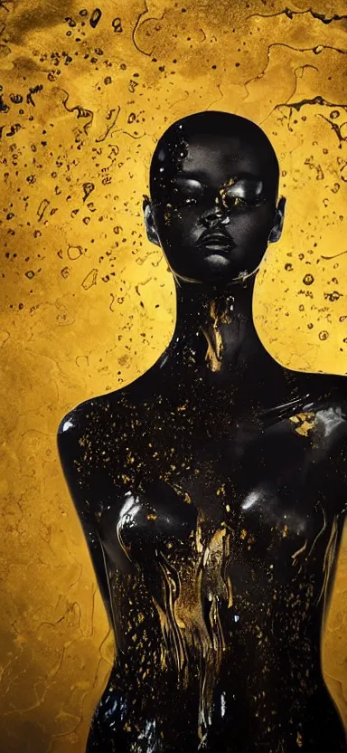 Image similar to perfect female body silhouette, liquid sculpture, astral clockwork, abstract shapes, photorealism, beautiful portrait, golden and black latex mixture, black ink