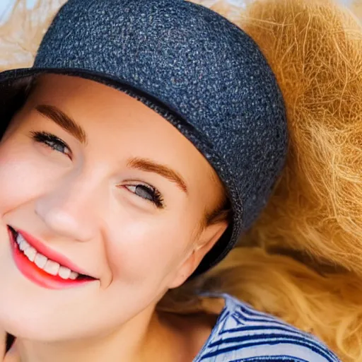 Image similar to portrait of a smiling 2 5 - year - old woman with 9 0 degree nails pretty face, perfect eye look up a bit, medium yellow blond hair, character with an orange hat, hair comes out of the hat a little