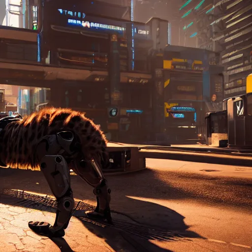 Image similar to cute baby robot hyena, realistic lighting and proportions, cyberpunk 2 0 7 7 screenshot