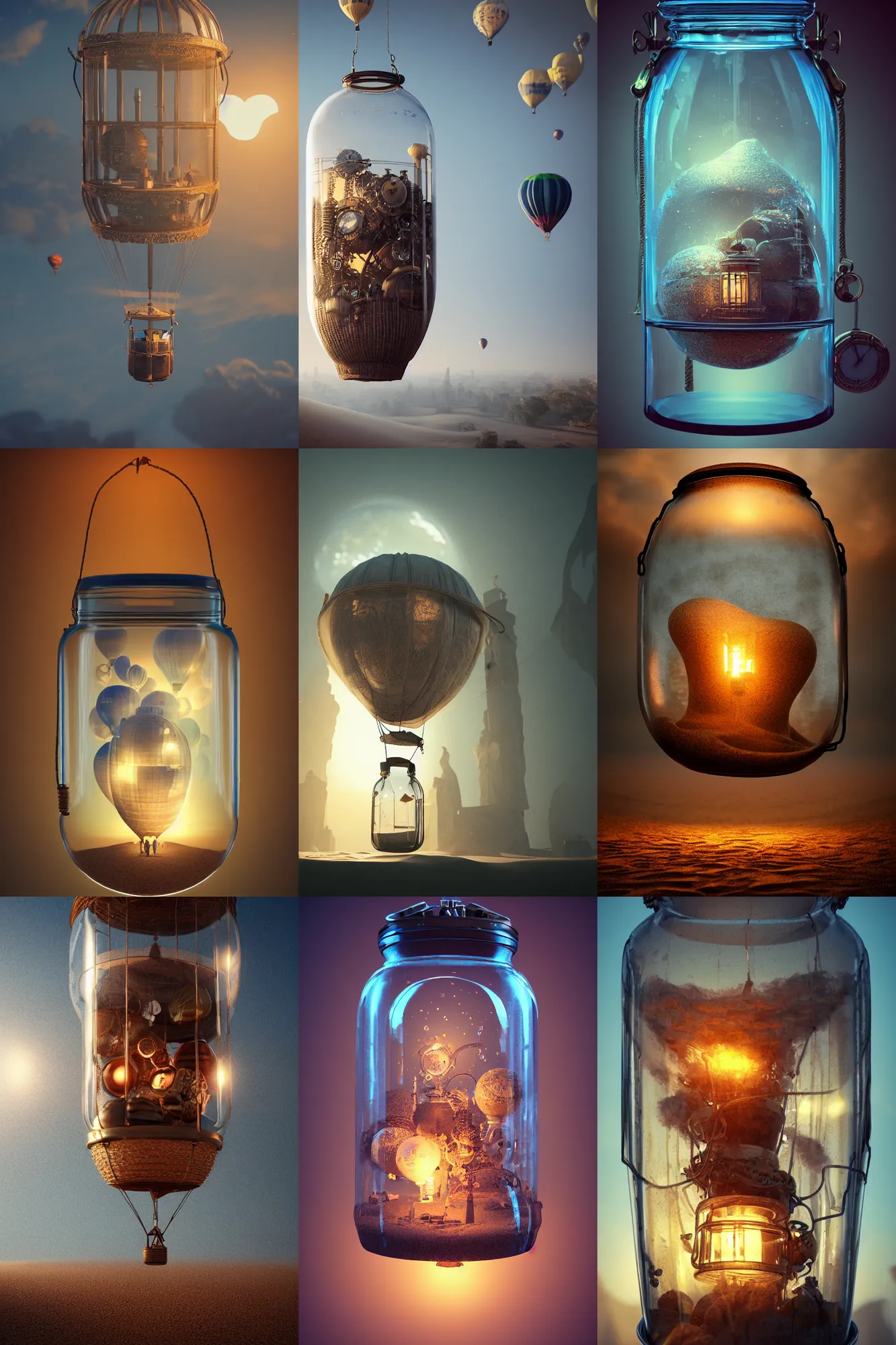 Prompt: hot air balloon inside a glass jar, buried in sand, steampunk, intricate detail, volumetric lighting, epic composition, hyper detailed, ultra realistic, sharp focus, octane render, volumetric, blue moon, ray tracing, artstation trending, cgsociety, sense of awe, swirling mist, 4 k