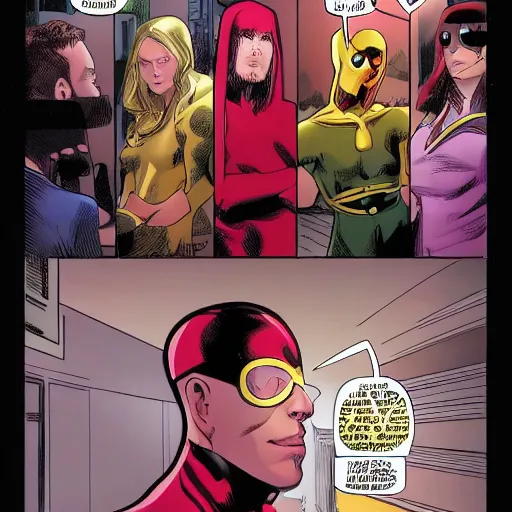 Image similar to Vision by Marvel Comics working as a 7/11 cashier, wide wide shot, very detailed, beautiful lighting