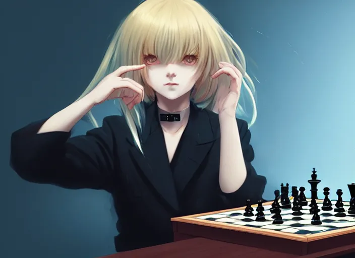 Image similar to a pale ilya kuvshinov playing chess, with golden eyes, straight sky blue hair, long bangs, black jacket, high collar, concept art, award winning photography, digital painting, cinematic, by wlop, anime key visual, wlop, 8 k, by ross tran, tom bagshaw, andy warhol
