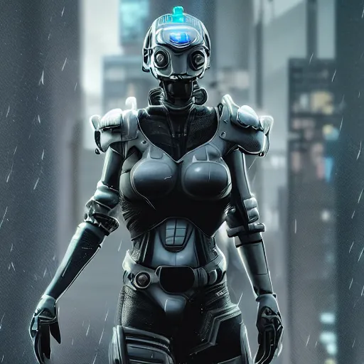 Image similar to An epic fantastic ultrarealism comic book style portrait painting of a female cyberpunk armor fighter, black and blue silver color armor, cyberpunk feel raining at tokyo rooftop, Concept world Art, unreal 5, DAZ, 8k, hyperrealistic, octane render, cosplay, RPG portrait, dramatic lighting, rim lights