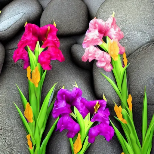 Prompt: gladiolus flowers made from rocks and gemstones, unreal engine