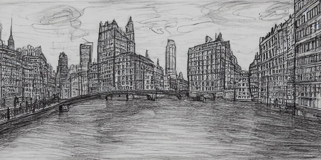 Prompt: black and white, themes river pen art by stephen wiltshire