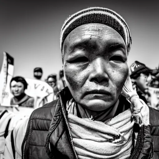 Image similar to hunnic protester face photo black and white wide angle lense