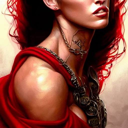 Prompt: portrait of megan fox, muscular upper body, scarf, greek, jewelry, red dress, fantasy, intricate, elegant, highly detailed, digital painting, artstation, concept art, matte, sharp focus, illustration, art by aenaluck and roberto ferri and greg rutkowski, epic fantasy, digital painting