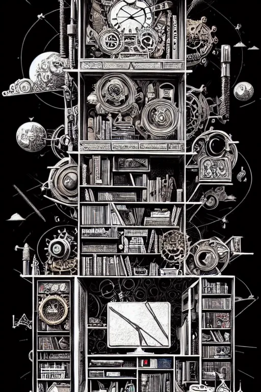 Image similar to a majestic steampunk alchemists bookshelf, two point perspective, furniture, high details, bold line art, by vincent di fate and joe fenton, inking, etching, screen print, masterpiece, trending on artstation, sharp, high contrast, hyper - detailed,, hd, 4 k, 8 k