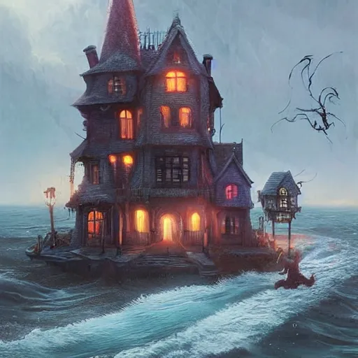 Image similar to realistic scary witches in front of a candy witch house, floating on the ocean, epic scene, fantasy, cinematic, hyper - detailed, in the style of greg rutkowski