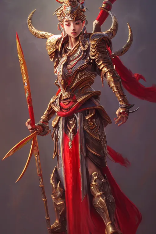 Prompt: a masterpiece portrait of nezha, legendary slim male god holding spear and red armor, bomb, fantasy character portrait, hyper detailed, digital painting, 8 k realistic, trending on artstation, sharp focus, dof, by fenghua zhong, artgerm, ne zha from smite, tsuyoshi nagano, flame everywhere