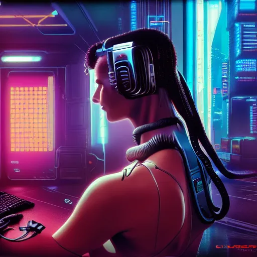 Image similar to cable plugged into cyberdeck, back of head, cyberpunk woman, computer, 1 9 7 9 omni magazine cover, style by vincent di fate, cyberpunk 2 0 7 7, 4 k resolution, unreal engine, daz