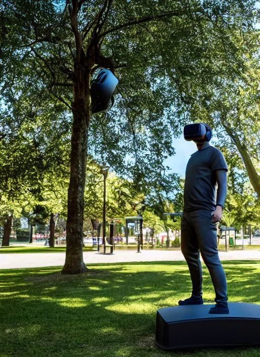 Image similar to photo still of a bronze statue of a man gaming in vr in a park on a bright sunny day, 8 k 8 5 mm f 1 6