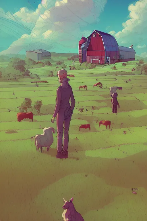 Image similar to farm 👾, artstation, moebius + loish, hd,