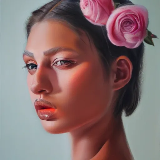 Image similar to hyperrealism oil painting, fashion model portrait, eye roses