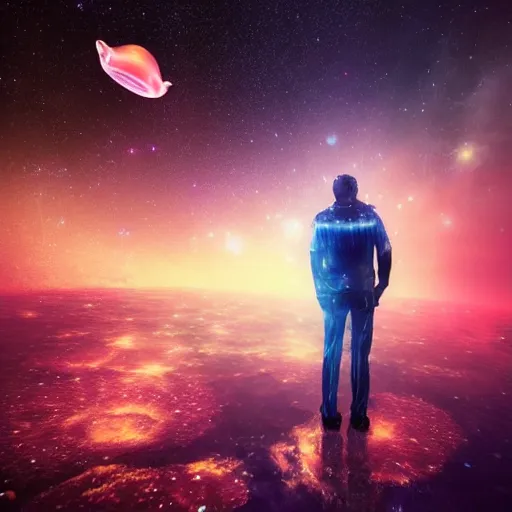 Image similar to over the shoulder photo of a man watching many magic glowing jellyfish in glowing cosmic stardust, colorful stars, galaxies, space, award winning photo, intricate, high detail, atmospheric, desolate, artstation