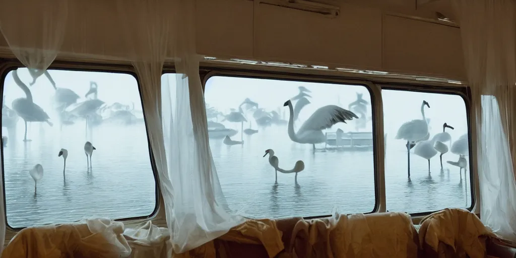 Prompt: Inside the train, some people are sitting, the train is sailing on the water, the windows are fluttering with transparent gauze curtains, the sun shines in, there is a foggy layer around, and there are swans on the water, indoor scene by Luis Barragán, in a tropical forest, volumetric lighting, high detail, 14mm, cinematic photography, high resolution