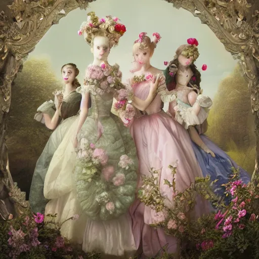 Image similar to 8k, octane render, realism, tonalism, renaissance, rococo, baroque, group of creepy young ladies wearing long harajuku manga dress with flowers and skulls, background chaotic flowers, gold leaf accents