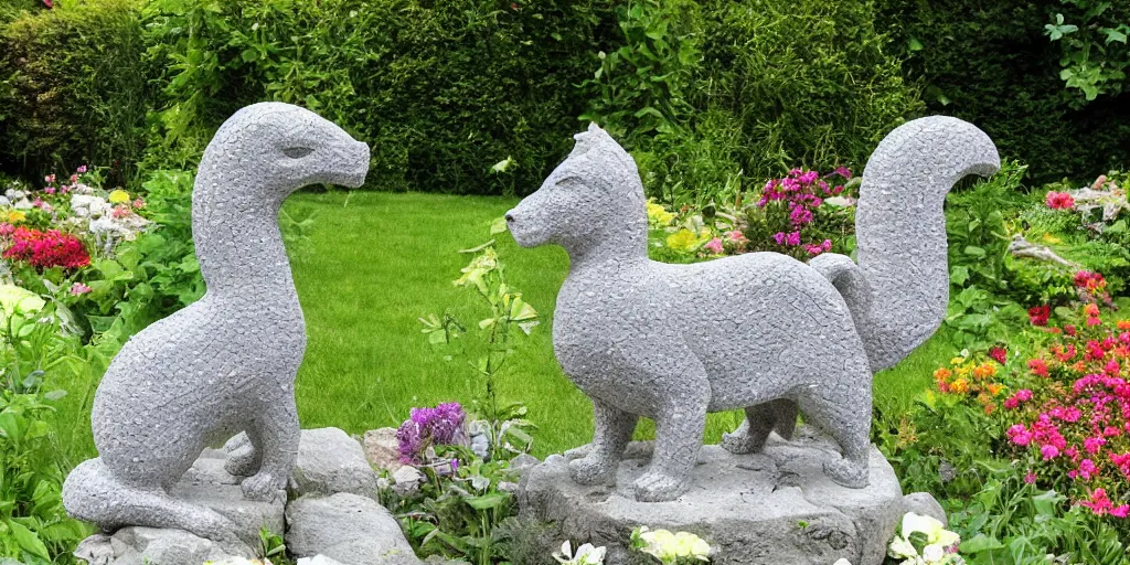 Prompt: extremely detailed carved concrete statue, pebble mosaic, of a griffin, in an english cottage style flower garden