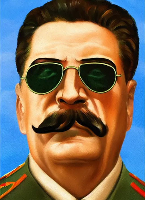 Prompt: high detail portrait oil painting illustration of Joseph Stalin in sunglasses, scenic background, muted colours, artstation, high quality, sombre mood, natural light
