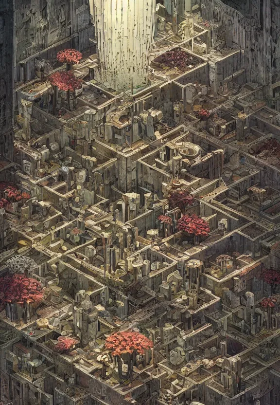 Image similar to [Underground colony with checkered!! flags, brutalism! and little mushrooms. Propaganda!!! poster!!!!!, intricate, elegant, highly detailed, digital painting, artstation, concept art, matte, sharp focus, illustration, art by Enki Bilal and Moebius]