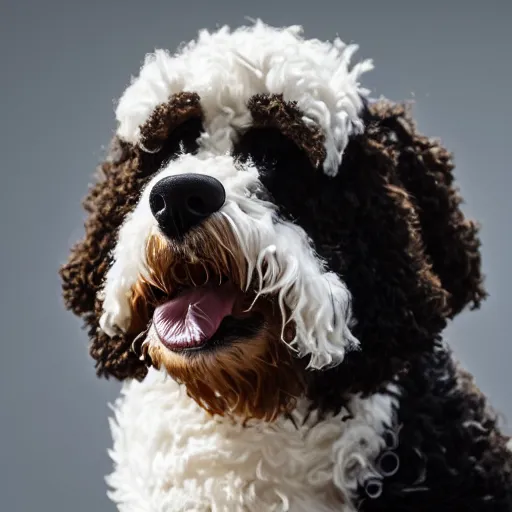 Image similar to a closeup photorealistic photograph of a cute smiling knitted bernedoodle judge dog dressed in a black gown, presiding over the courthouse. indoors, professional capture, well lit shot. this 4 k hd image is trending on artstation, featured on behance, well - rendered, extra crisp, features intricate detail, epic composition and the style of unreal engine.