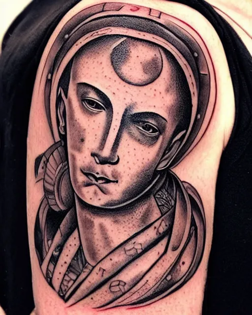 Image similar to renaissance head with planets tattoo design, hyper - realistic, in the style of tony santos