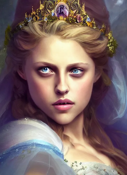 Image similar to beautiful young happy teresa palmer as the aurora sleeping beauty princess, closeup, d & d, fantasy, intricate, elegant, highly detailed, digital painting, artstation, concept art, matte, sharp focus, illustration, art by artgerm and greg rutkowski and alphonse mucha