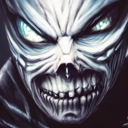 Image similar to photorealistic dark fantasy concept art of nightmare sans with his eye glowing, dynamic lighting, stunning visuals, ray tracing, beautiful scenery, cinematic, full body portrait, ultra detailed, hyper detail, stunning detail