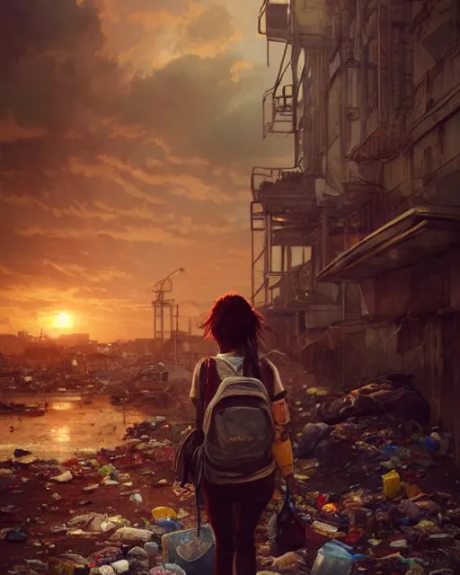 Image similar to poor detailed girl with backpack standing at cars looking for food at garbage dump, destroyed cars, city is pure wasteland, moody sunset in background, high details, photorealism, cinematic, greg rutkowski, alphonse mucha, trending on artstation, artgerm, unreal engine, breathtaking, award winning, highly detailed