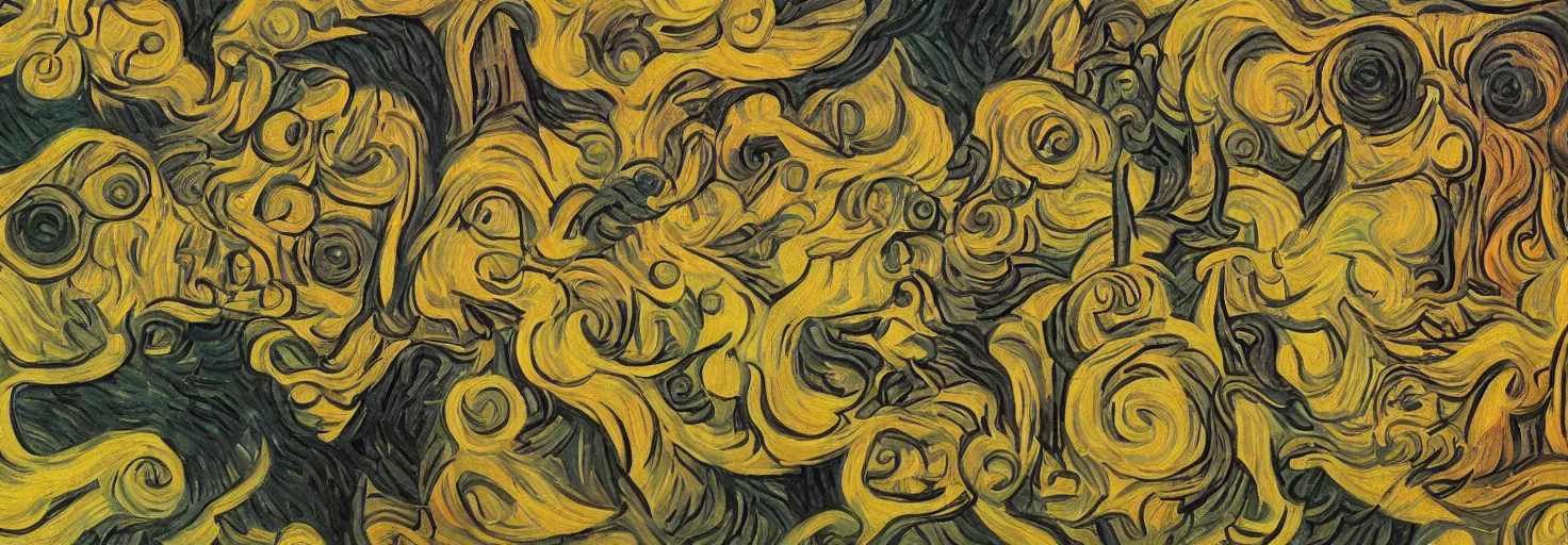 Image similar to Mural of AI art raising by Van Gogh and M. C. Escher collaboration, digital art, mix of aesthetics, close up, high details