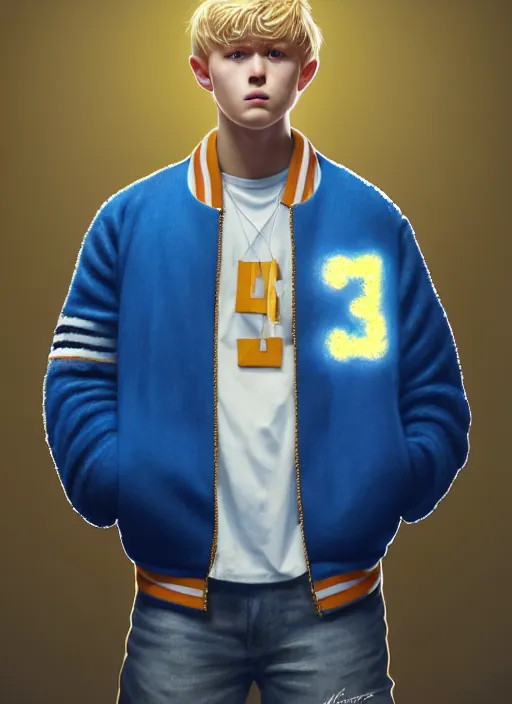 Image similar to portrait of high school senior boy named big moose, blonde short hair, jock, beefy, wide face, square jaw, square facial structure, blue varsity jacket with letter r, intricate, elegant, glowing lights, highly detailed, digital painting, artstation, concept art, sharp focus, illustration, art by wlop, mars ravelo and greg rutkowski