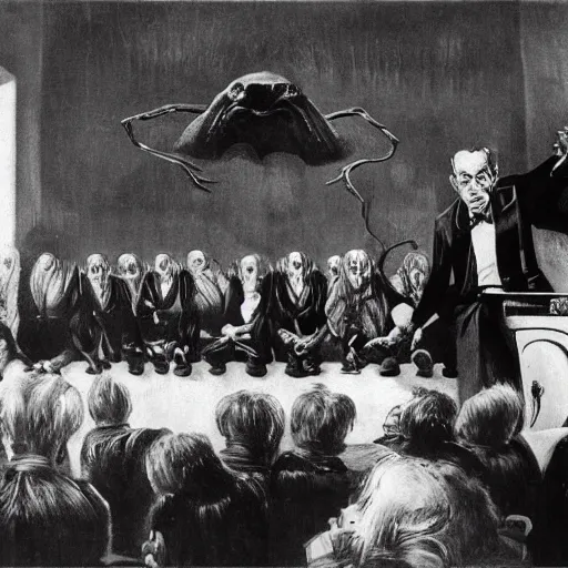 Prompt: lecturer giving a lecture to a hall filled with fantastic monsters, by dali