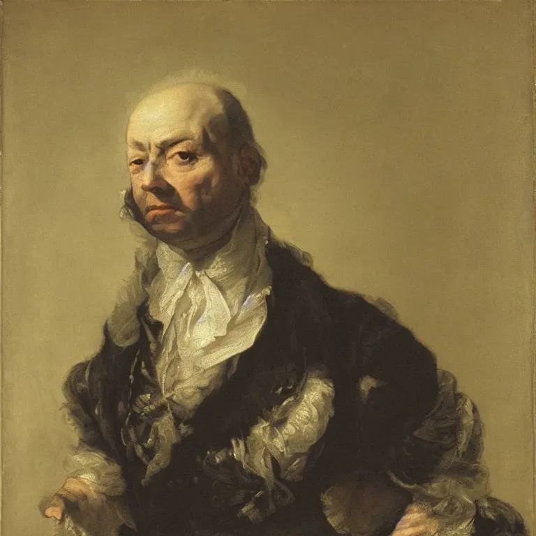 Prompt: portrait of a 60 years old strict looking man, bald patch, sqare-jawed in 17th century clothing, painting by Rosalba Carriera, Anton Mengs, Thomas Gainsborough, Élisabeth Vigée-Lebrun.