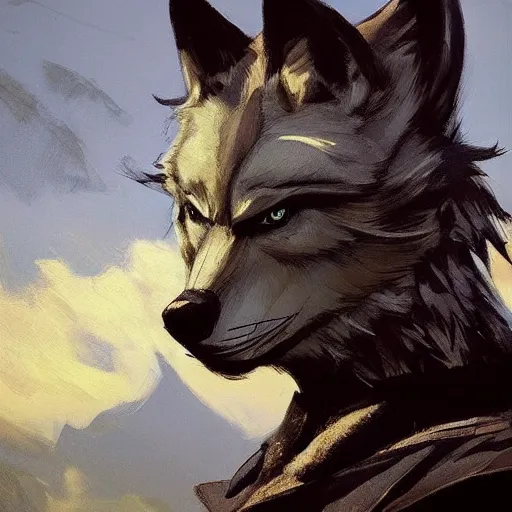 Image similar to an anthropomorphic wolf in a black doublet looking out over the hills, artstation hq, stylized, sharp focus, concept art, furaffinity fursona, furry, anthropomorphic, by gregory manchess and norman rockwell