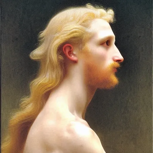 Prompt: PORTRAIT Painting of an albino germanic male Venus Apollo. LONG CURLY light blond hair. Sharp angular face high cheekbones hooked nose. Art by william adolphe bouguereau. During golden hour. Extremely detailed. Beautiful. 4K. Award winning.