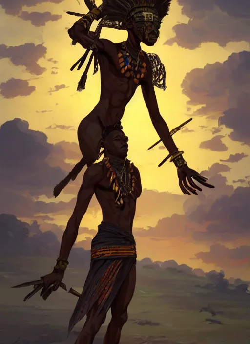 Image similar to masculine black warrior tribal afrikan voodoo armor, primitive weapons and kemetic imagery, 2 d game fanart behance hd by jesper ejsing, by rhads, makoto shinkai and lois van baarle, ilya kuvshinov, rossdraws, dramatic sunset, global illumination, radiant light, detailed and intricate environment