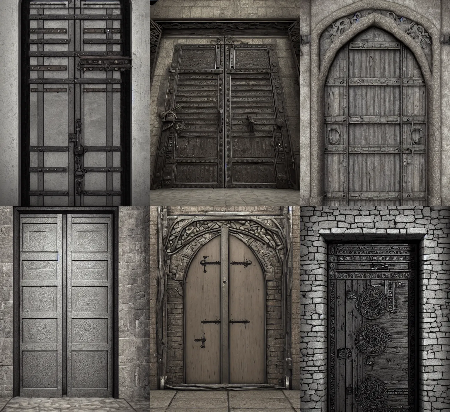 Prompt: medieval door with black steel bars and black knobs, unreal engine, joongwon jeong, detailed and intricate environment