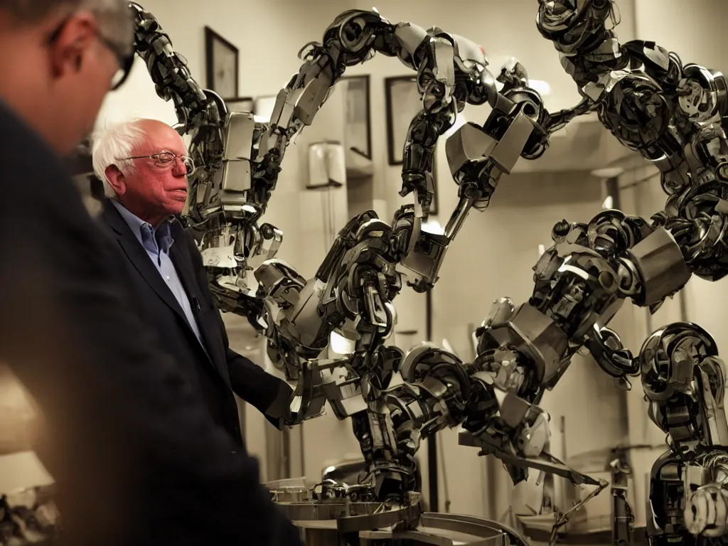 Image similar to bernie sanders putting the finishing touches on a ( ( cute ) ) clockwork doomsday robot, cinematic moody lighting, sharp focus, imax