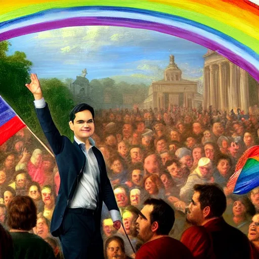 Image similar to i highly detailed photo of ben shapiro waving a rainbow flag in the middle of a crowd, historic painting, high definition, high quality painting, detailed face, detailed body, full body