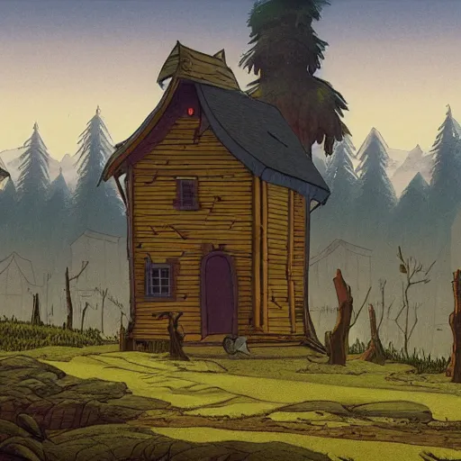 Image similar to the mystery shack from gravity falls, matte painting by kaspar david friedrich,