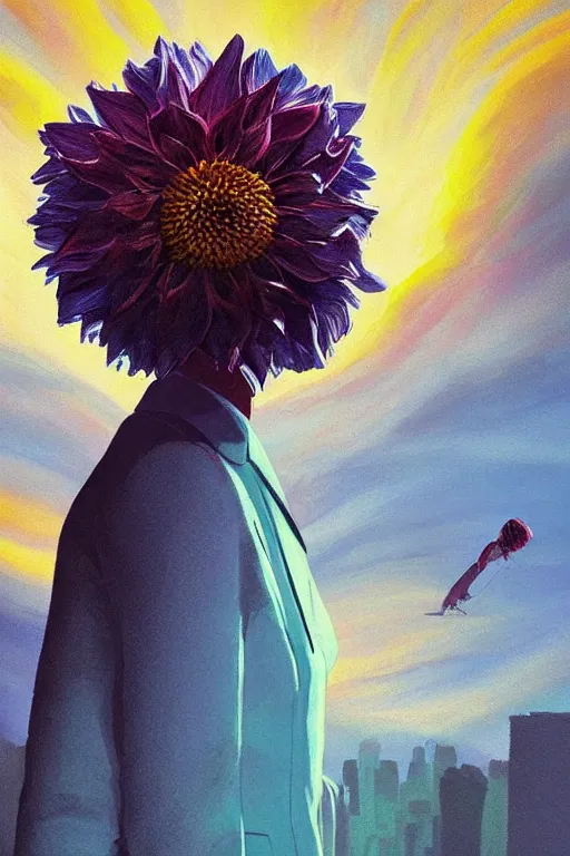 Image similar to closeup giant dahlia flower head, girl in a suit, in a city, surreal photography, blue sky, sunrise, dramatic light, impressionist painting, digital painting, artstation, simon stalenhag